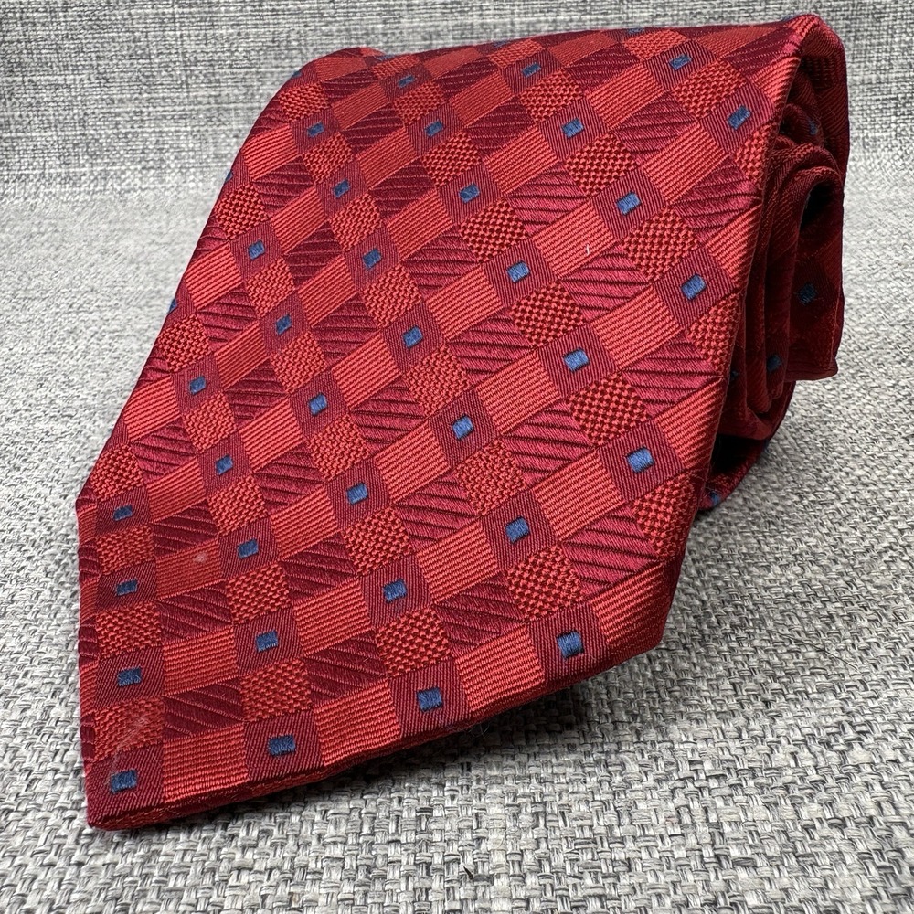 Jos A Bank Red Blue Geometric Check Silk Tie Made in Italy Classic 4 Inch